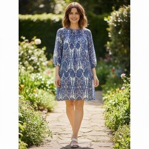 Eva Mendes New York & Co Dress Purple Blue Boho Long Sleeve floral tunic Size XS